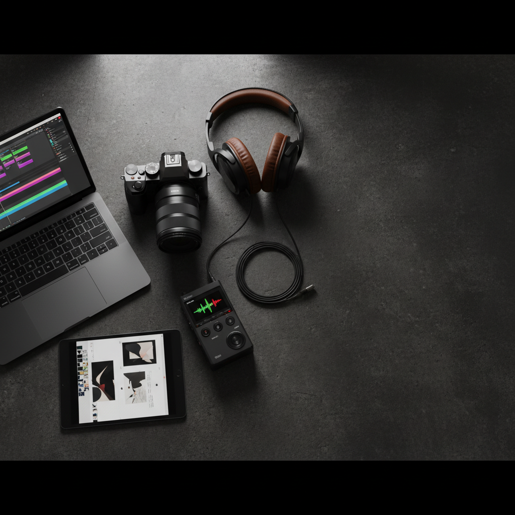 An arrangement of essential digital production gear laid out in a precise flat lay on a dark concrete surface: a mirrorless camera with a rugged metal body, a pair of over-ear studio headphones with textured leather cushions, a portable audio recorder with crisp illuminated levels, a slim laptop with an open video editing interface frozen mid-frame, and a small tablet showing a graphic design project. Overhead photographic realism lighting creates high contrast, with a single softbox above casting dramatic, defined shadows and subtle reflections on metallic surfaces. The composition is carefully balanced, bold and graphic, with negative space on one side for potential text overlay, evoking a confident, professional digital creator’s toolkit.